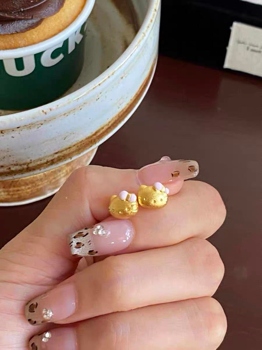 Pink bow Gold kitty earrings