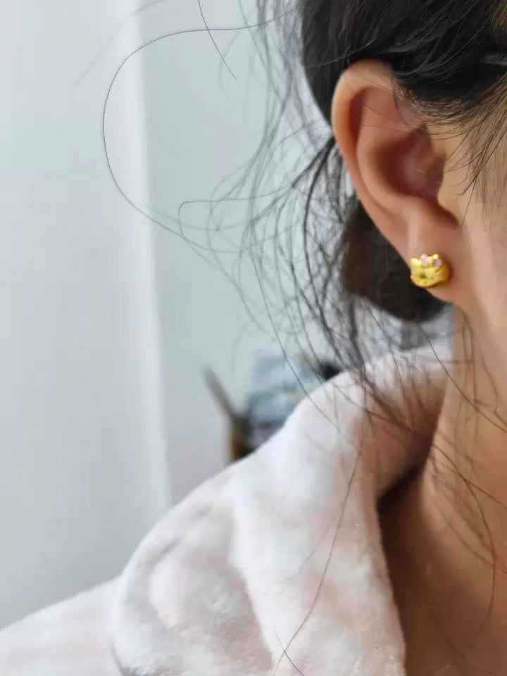 Pink bow Gold kitty earrings