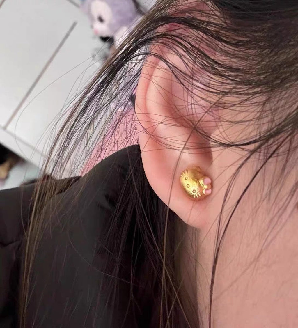 Pink bow Gold kitty earrings