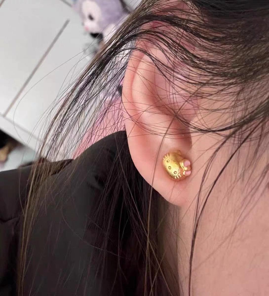 Pink bow Gold kitty earrings