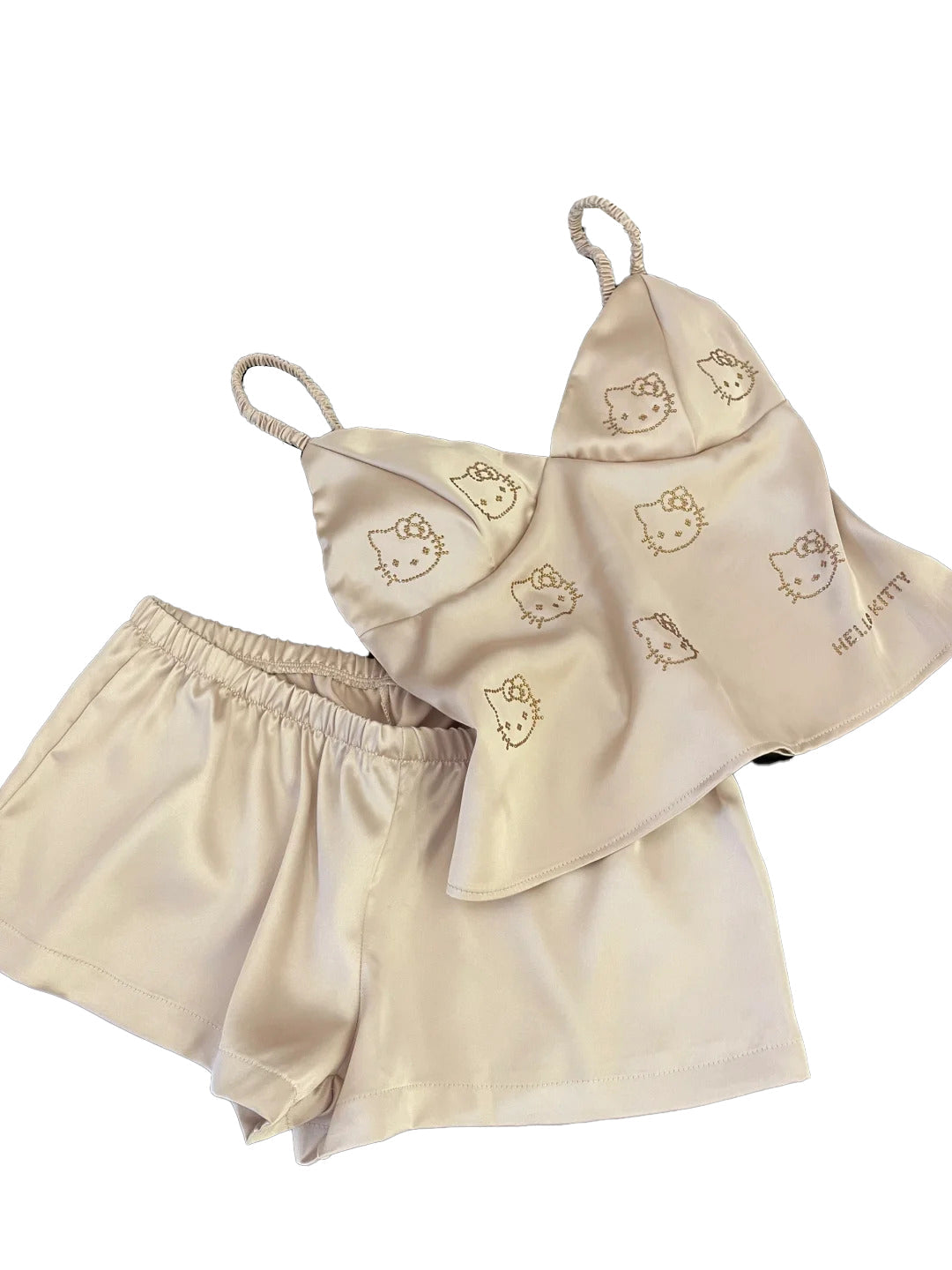Hellokitty Champagne Satin Pajama Set for Women 2 Piece Silky Lingerie Sleepwear Camisole Pj Shorts Set Soft Nightwear