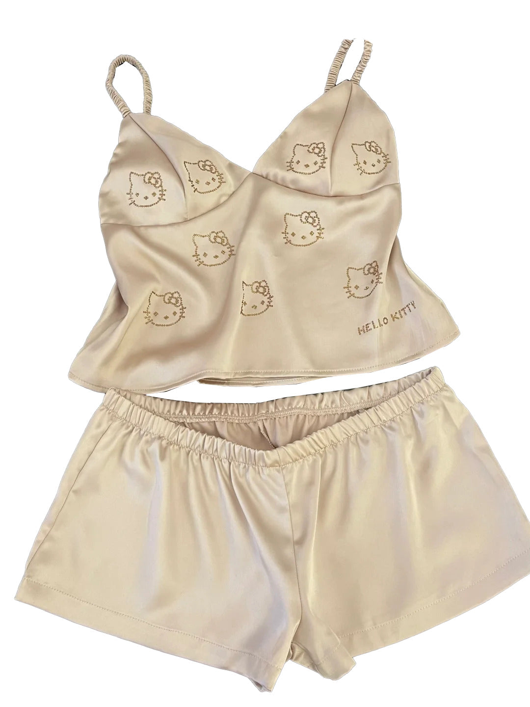 Hellokitty Champagne Satin Pajama Set for Women 2 Piece Silky Lingerie Sleepwear Camisole Pj Shorts Set Soft Nightwear