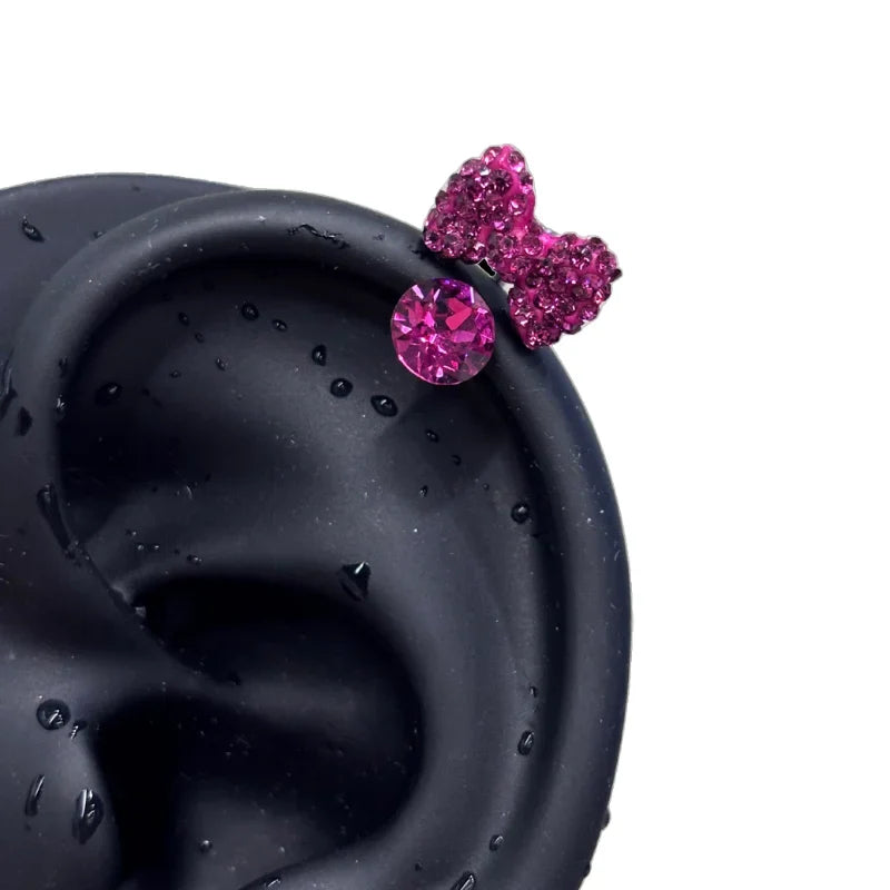 Minnie round diamond bow horseshoe ring stud earrings