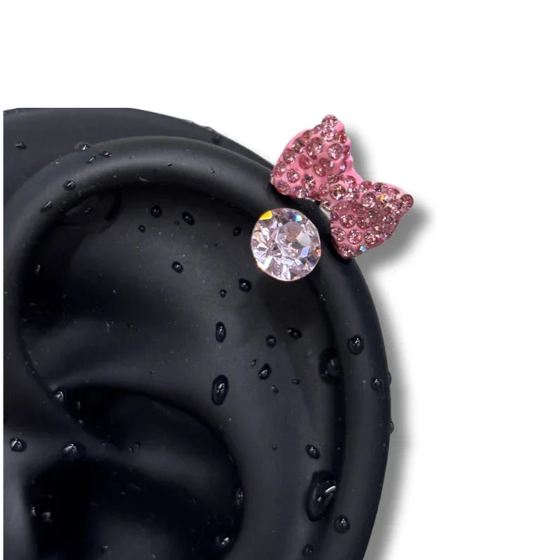 Minnie round diamond bow horseshoe ring stud earrings