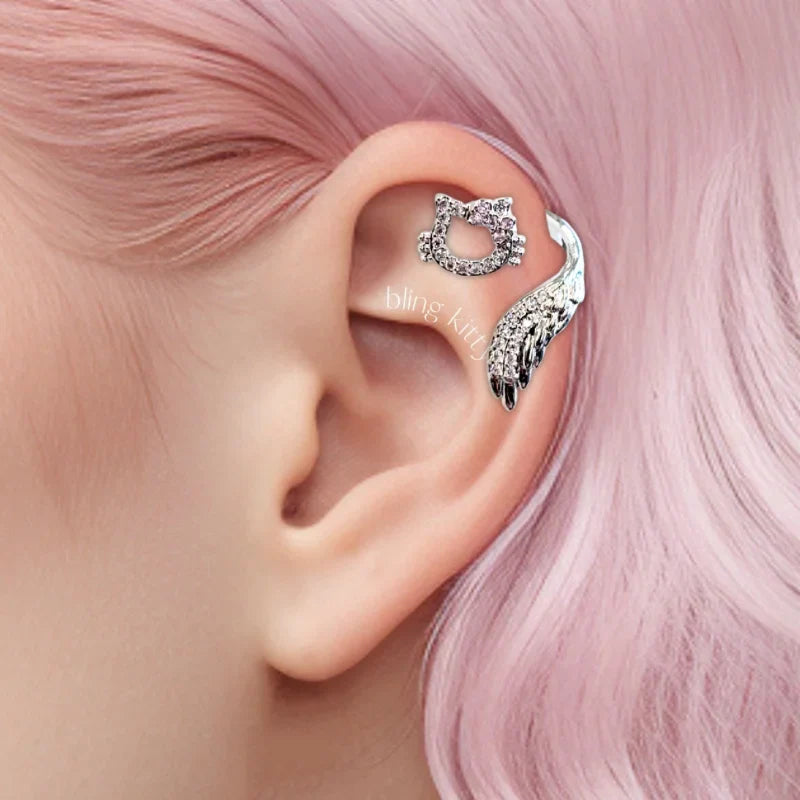 KT pink diamond bow Angel helix stud earrings