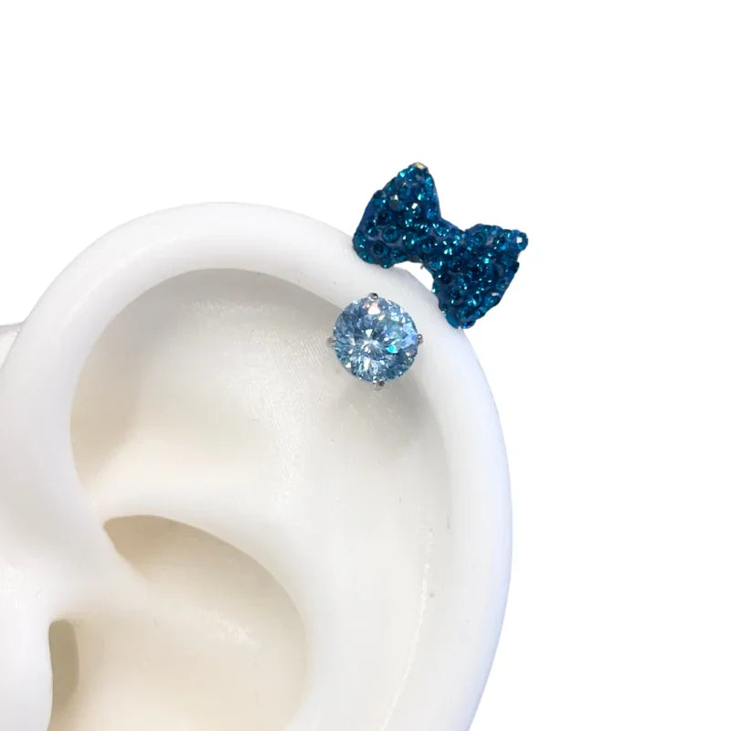 Minnie round diamond bow horseshoe ring stud earrings