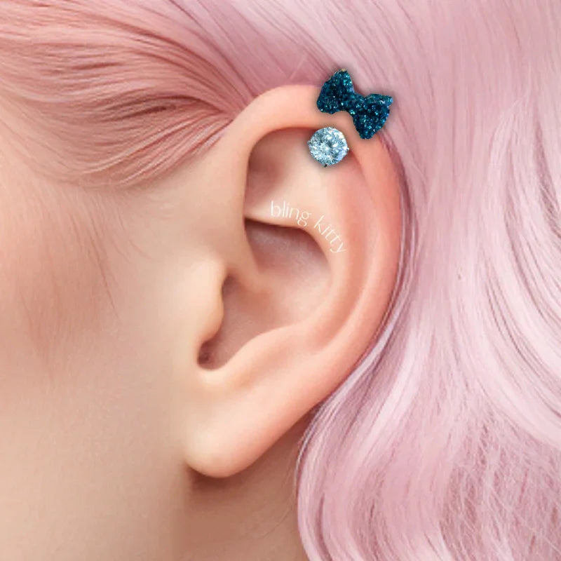 Minnie round diamond bow horseshoe ring stud earrings