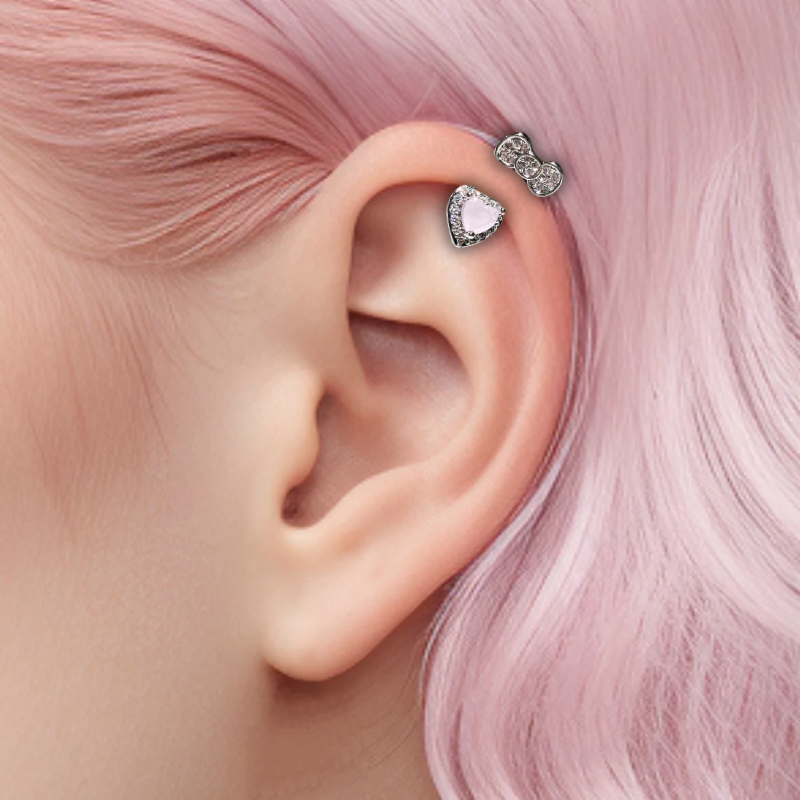 heart-shaped crystal bow helix piercing Earring Stud