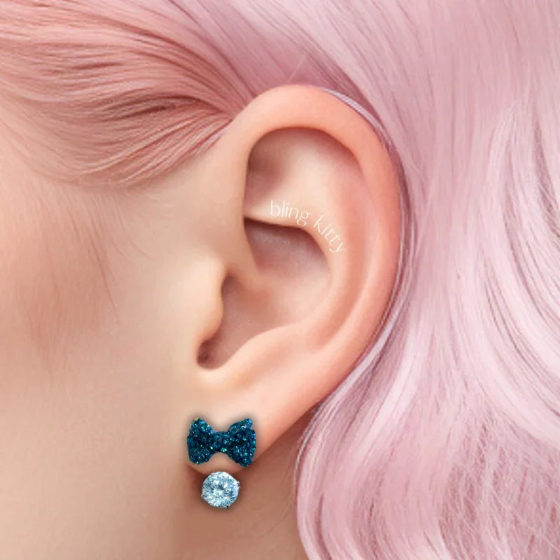 Minnie round diamond bow horseshoe ring stud earrings