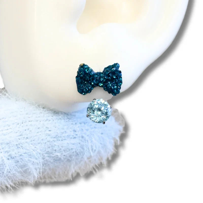 Minnie round diamond bow horseshoe ring stud earrings