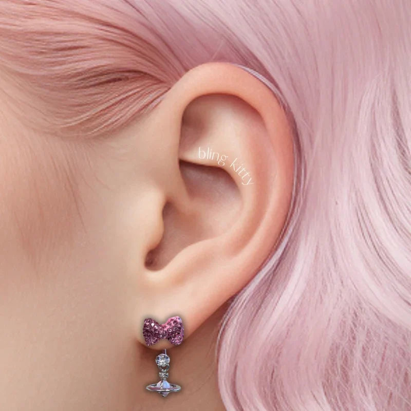 KT bow Saturn horseshoe ring stud earrings